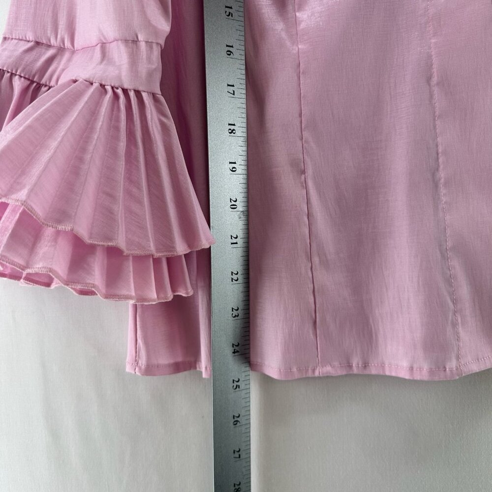Victor Costa Top Womens S Satin Blouse Hidden Button Pleated Bell Sleeve Pink - Picture 11 of 12